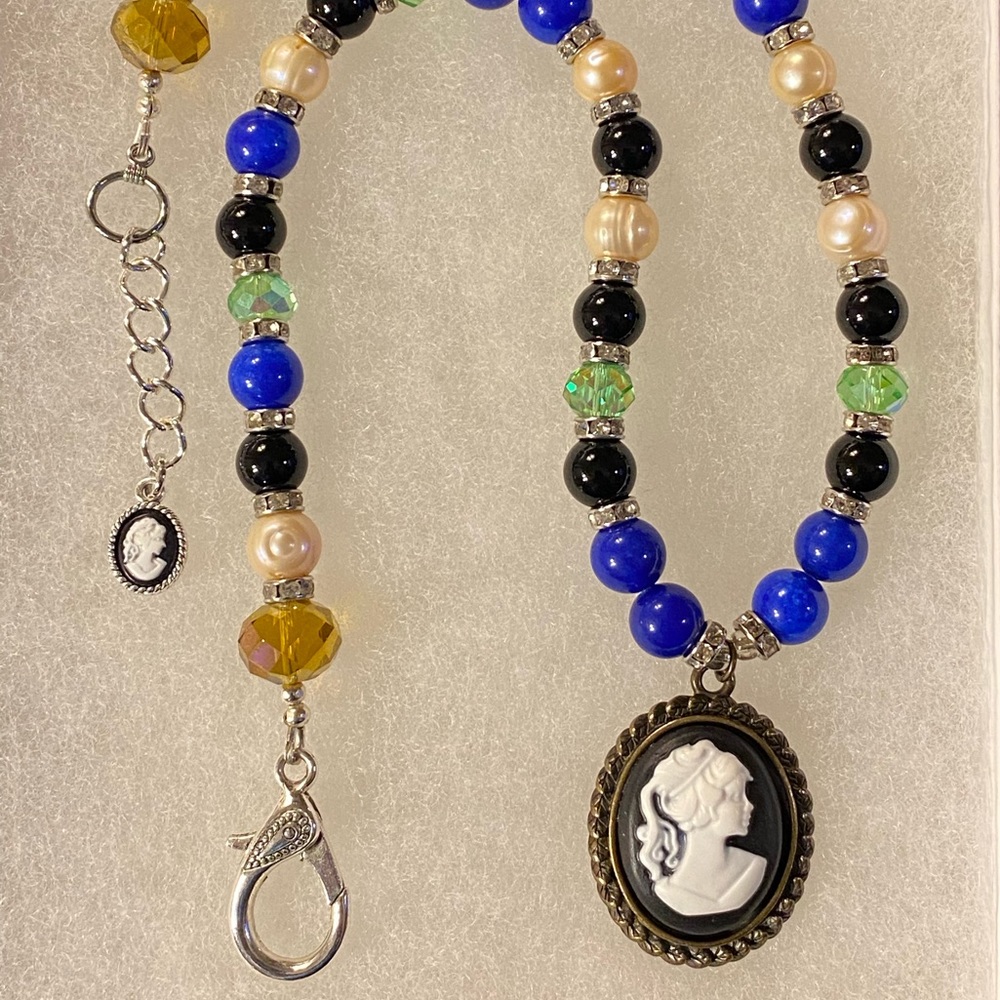 SARAH CAMEO Necklace Handmade, New, Lapis, Pearl, Onyx, Artisan Glass, & Silver